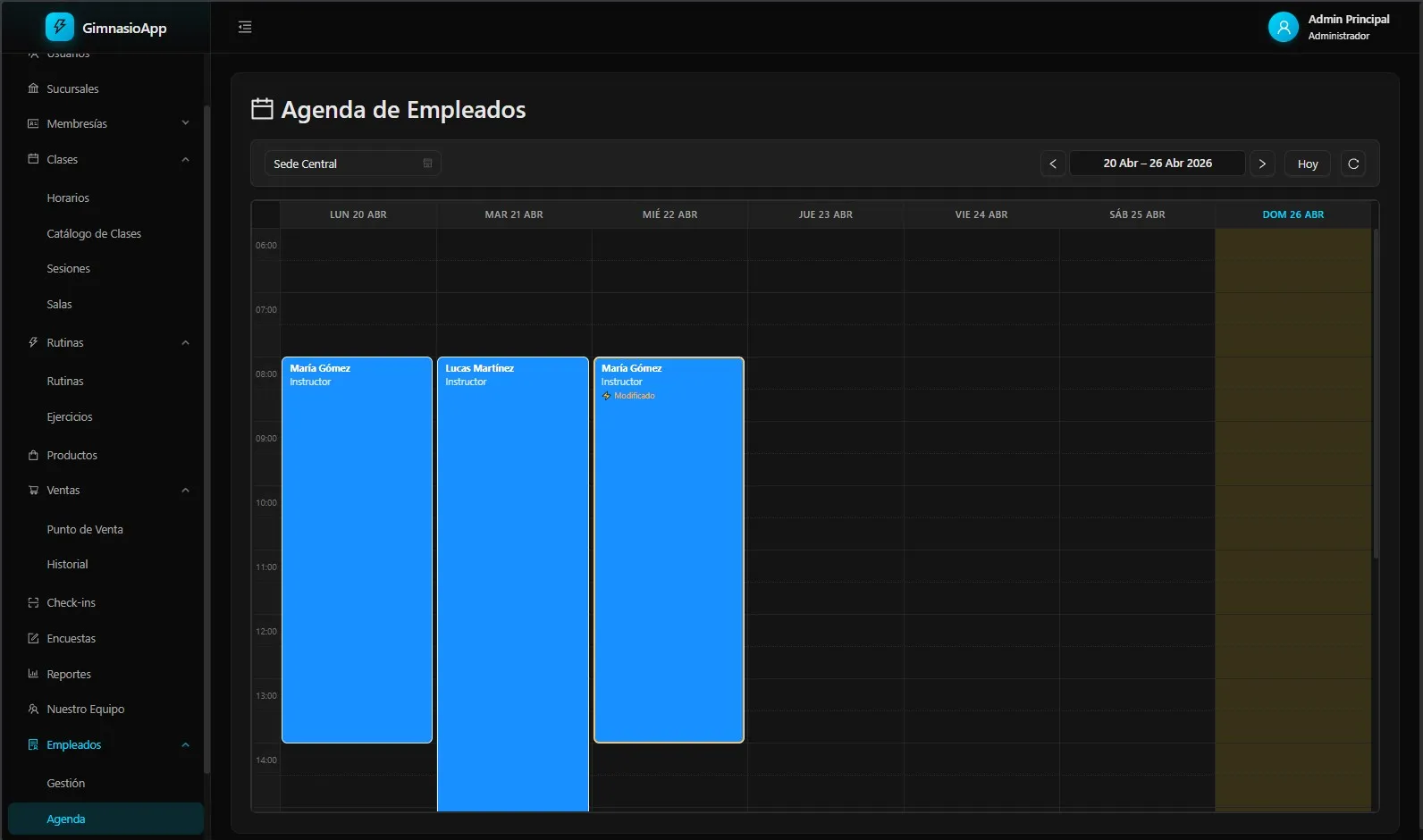 Agenda drag & drop de empleados — Organizá turnos de instructores con un simple arrastrar.