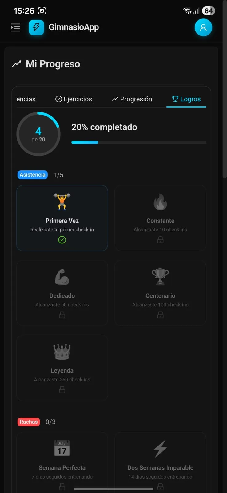Logros y progreso del socio — Badges desbloqueables y barras de avance que motivan la constancia.